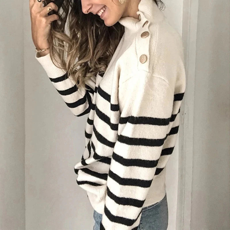 Léa™ - Pull Rayé à Col Montant Élégant