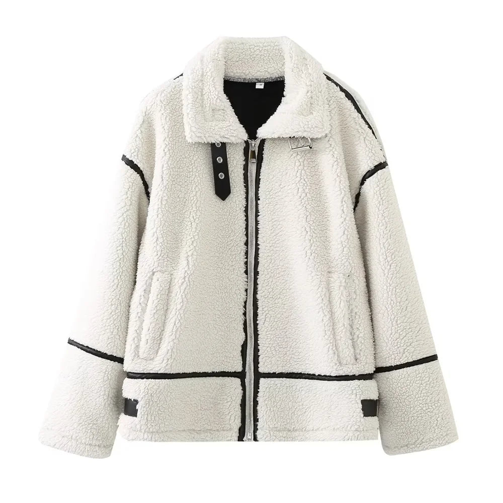 Veste en Fausse Fourrure Contrastée
