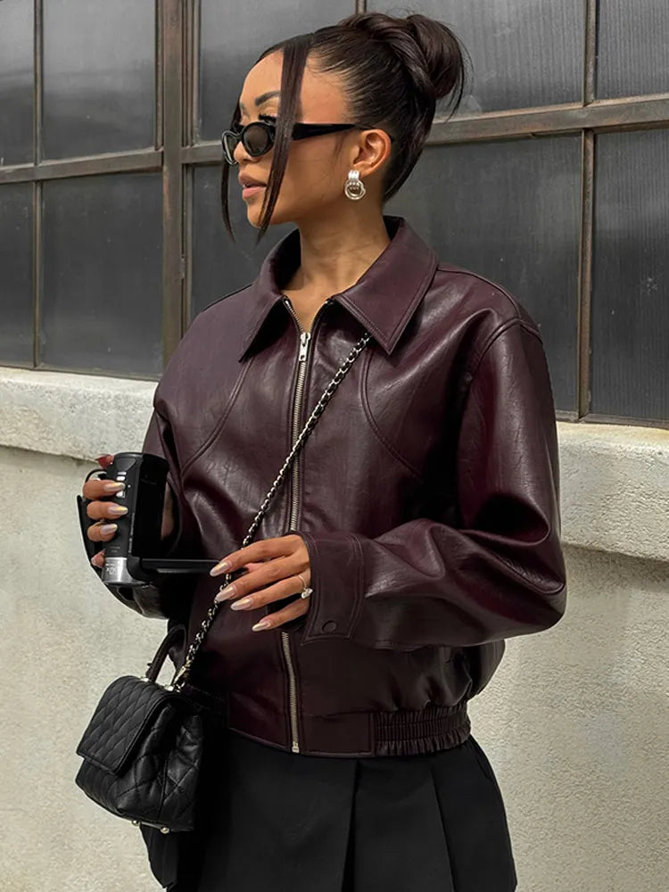 Veste Courte en Simili Cuir à Col Chic