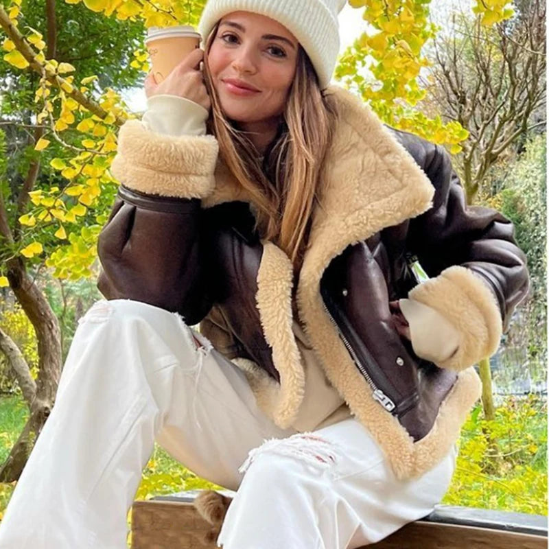 Lola™ - Veste Moto en Fausse Fourrure d'Agneau