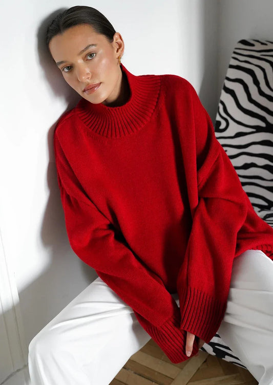 Clara Étoile™ - Pull Rouge Oversize Col Montant