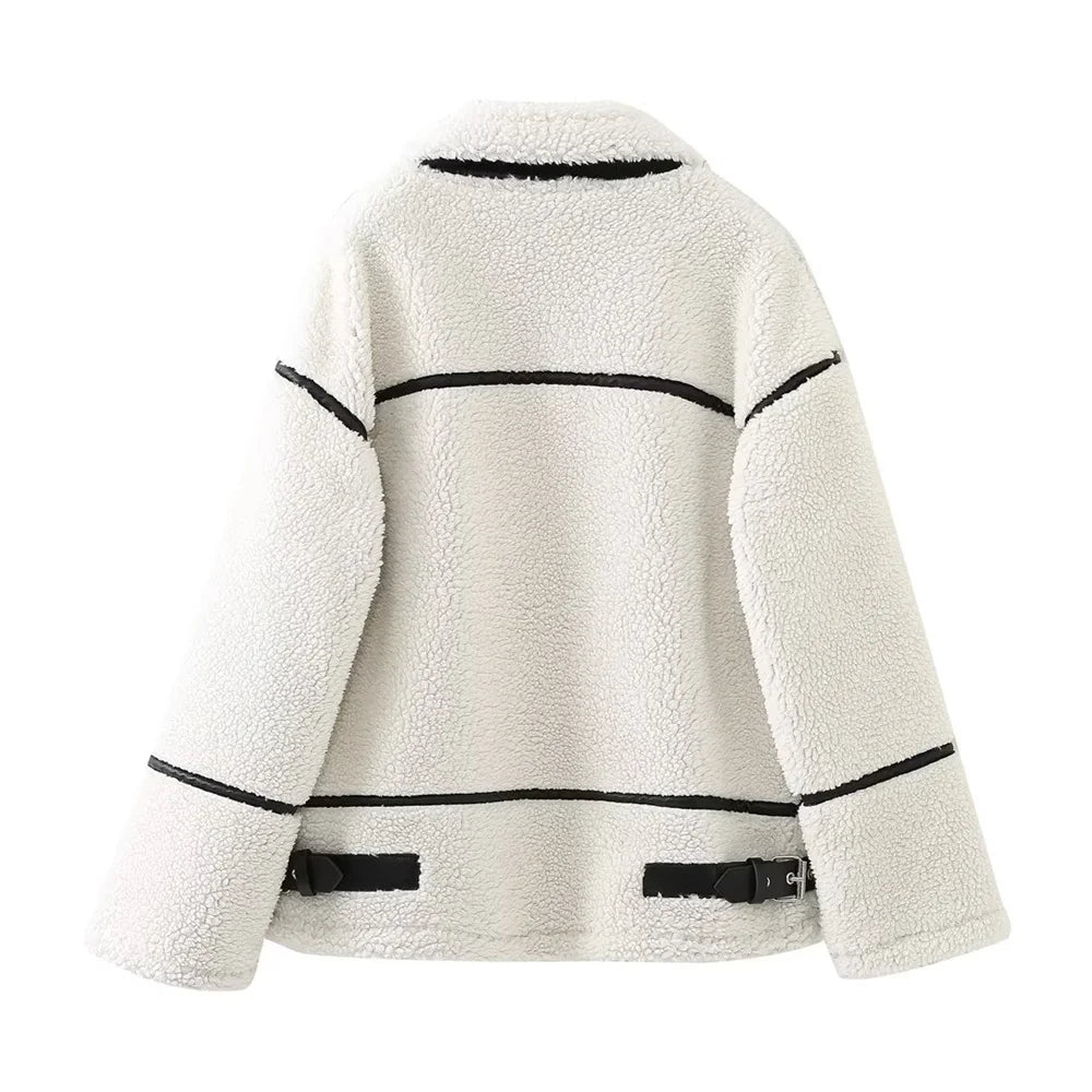 Veste en Fausse Fourrure Contrastée